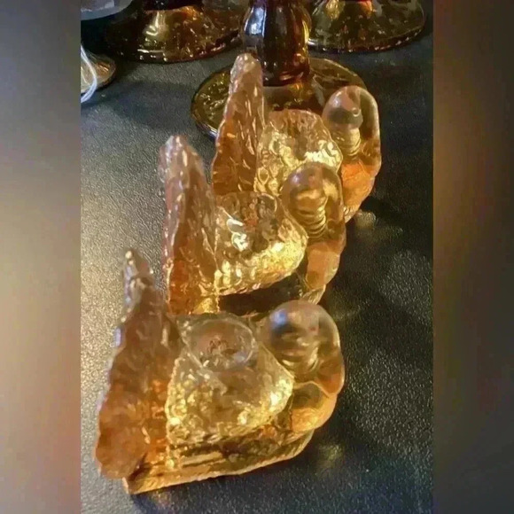williams sonoma SET OF 3 AMBER GLASS TURKEY small taper holders 2"x 2", - Picture 4 of 9